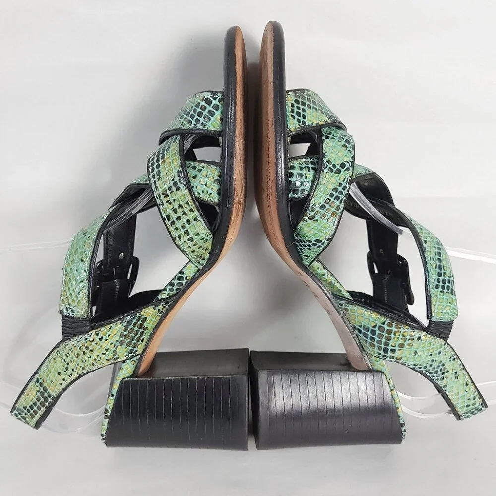 Franco Sarto Women 90s Open-Toe Strappy Sandals 5.5 Green Snakeskin Block Heel